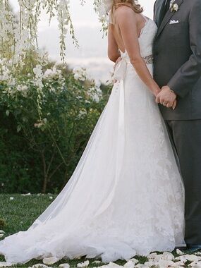 Watters Ivory Lace A-Line Wedding Gown with Floral Train